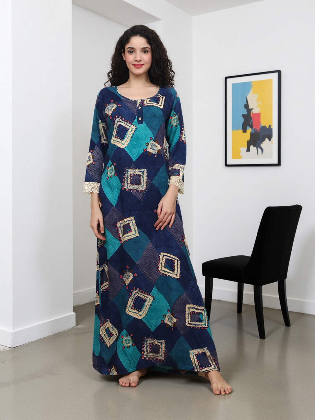 Blue Abstract Printed Viscose Rayon Nighty For Women | Claura