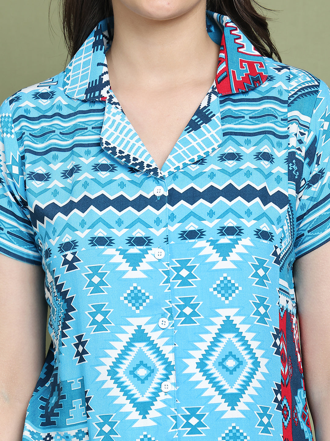Blue Colour Abstarct Printed Viscose Rayon Top & Shirt Night Suit