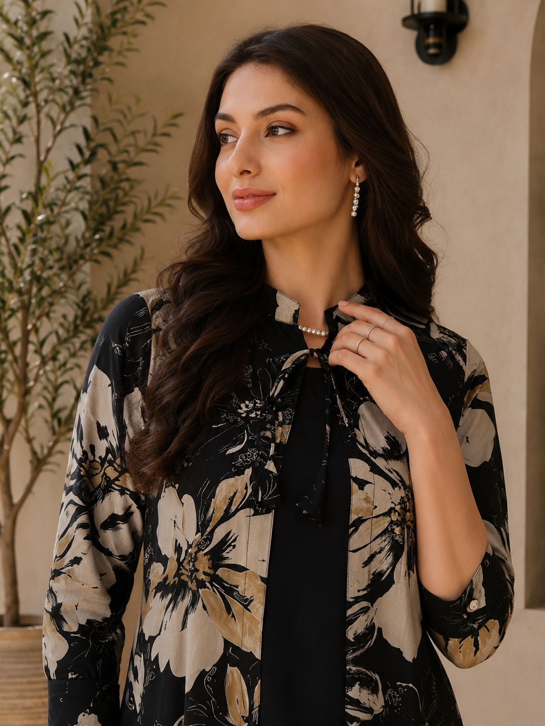 Black Color Floral Printed Chanderi Silk Dress for Women | Claura