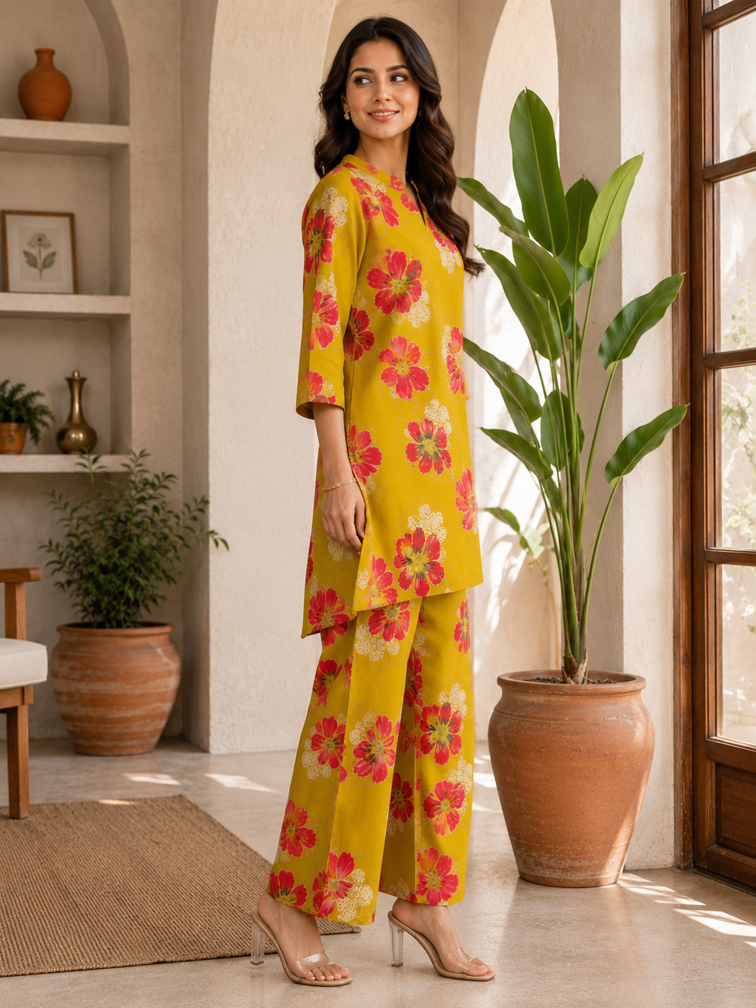 Mustard Floral Printed Chanderi Silk Co-Ord Set for Women