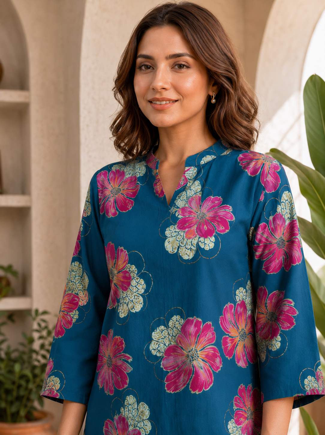 Blue Floral Printed Chanderi Silk Co-Ord Set for Women | Claura
