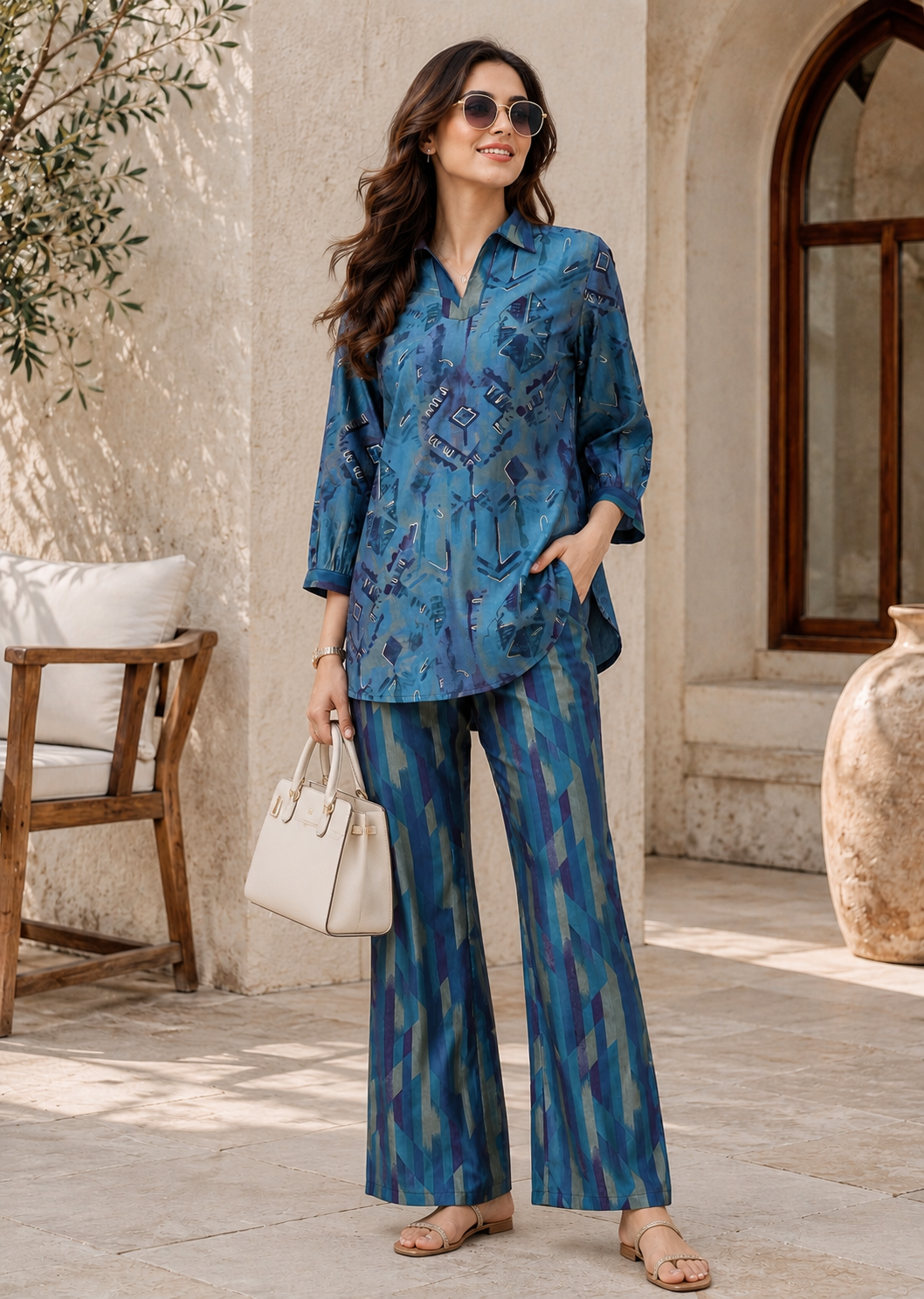 Blue Abstract Premium Chanderi Silk V-Neck Co-Ord Set Women