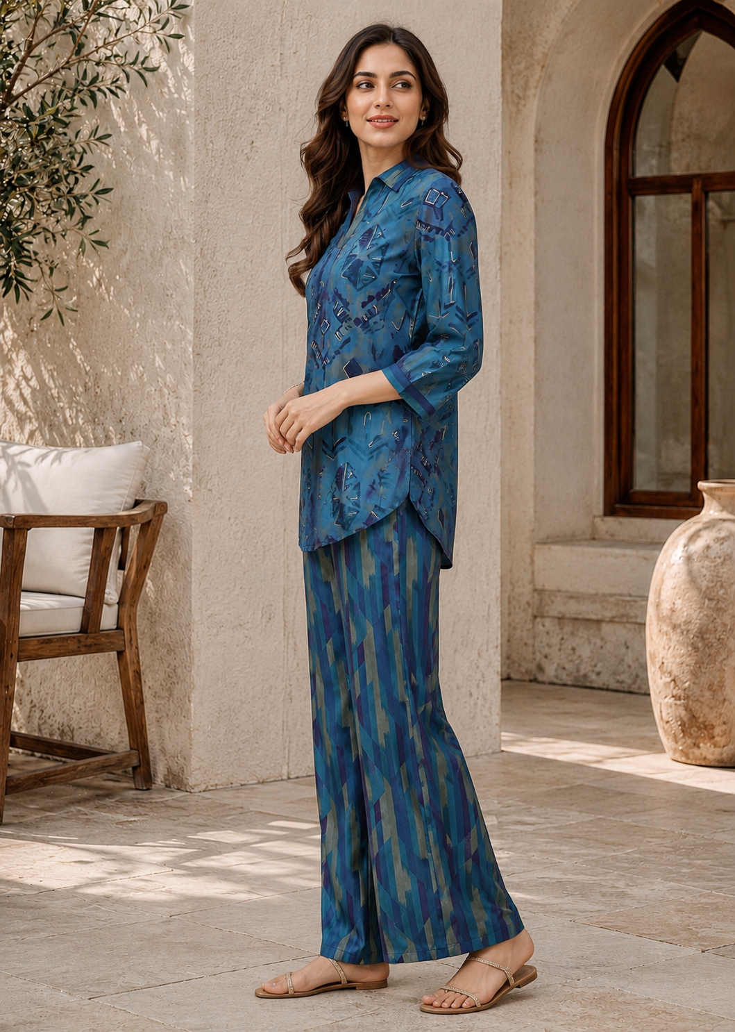 Blue Abstract Premium Chanderi Silk V-Neck Co-Ord Set Women