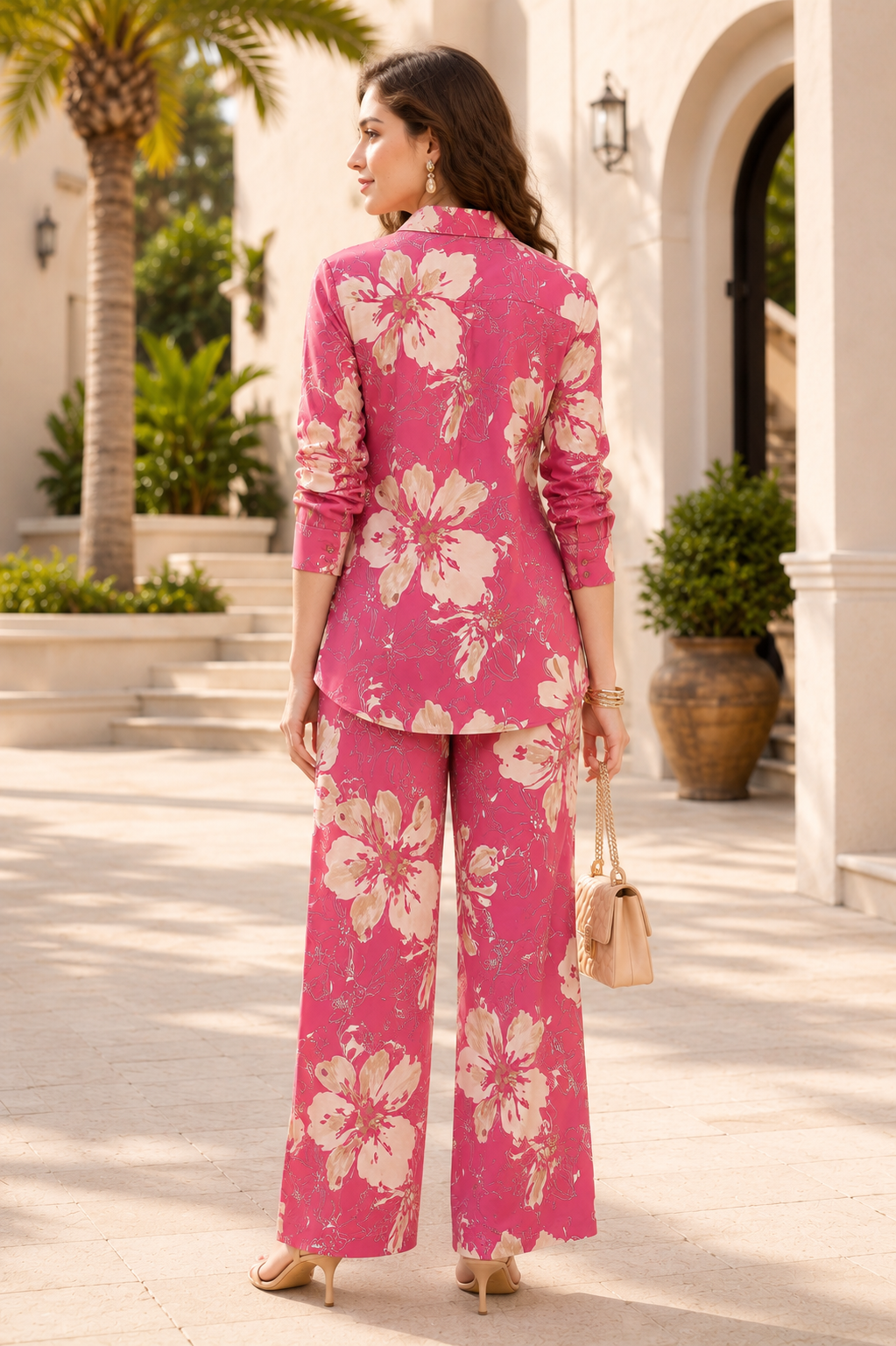 Pink Floral Premium Chanderi long sleeves Co-Ord Set Women