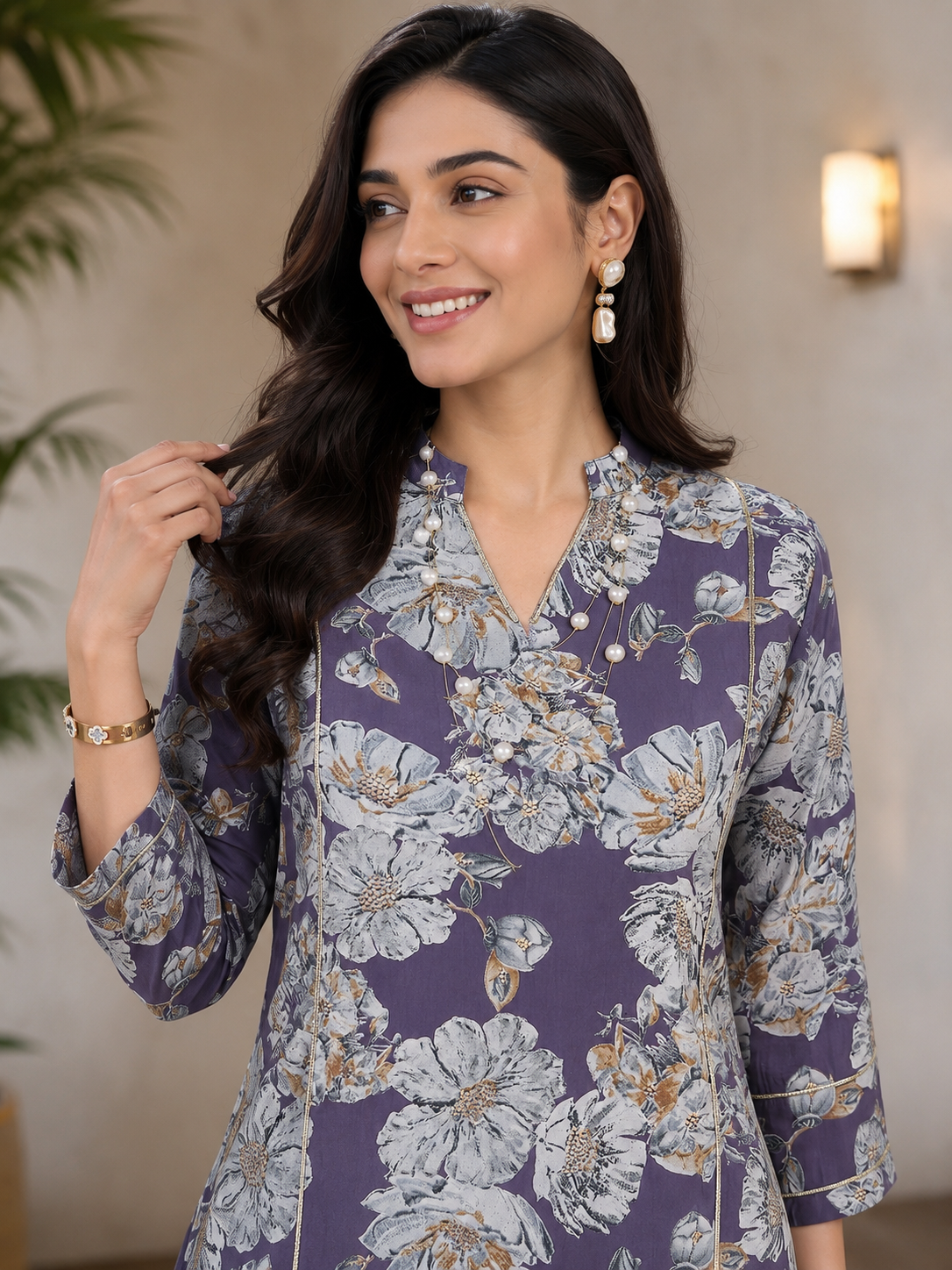Purple Floral Chanderi Silk Co-Ord Set for Women