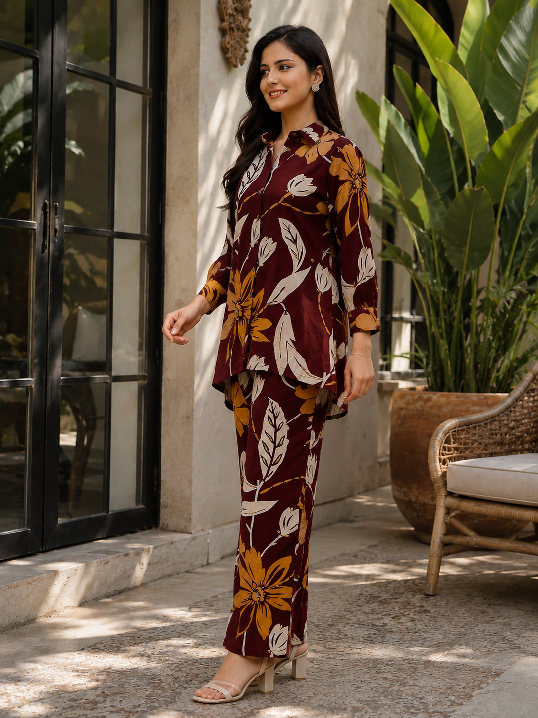 Maroon Floral Printed Chanderi Silk Co-Ord Set for Women