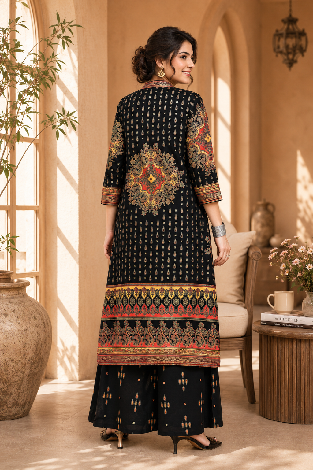 Black Ethnic Printed Viscose Rayon Co-Ord Set for Women | Claura
