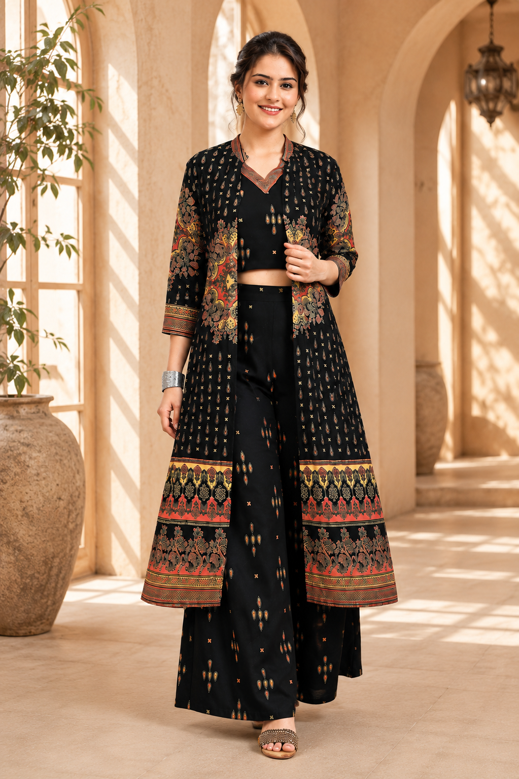 Black Ethnic Printed Viscose Rayon Co-Ord Set for Women | Claura