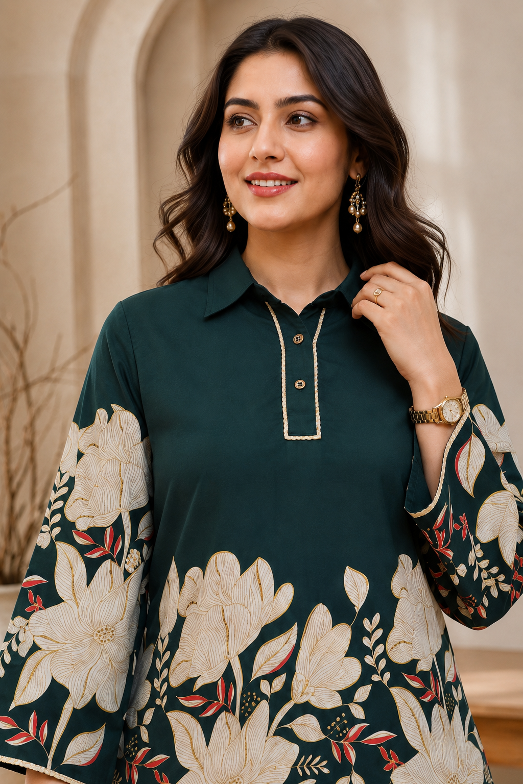Dark Green Floral Chanderi Co-Ord Set for Women | Claura