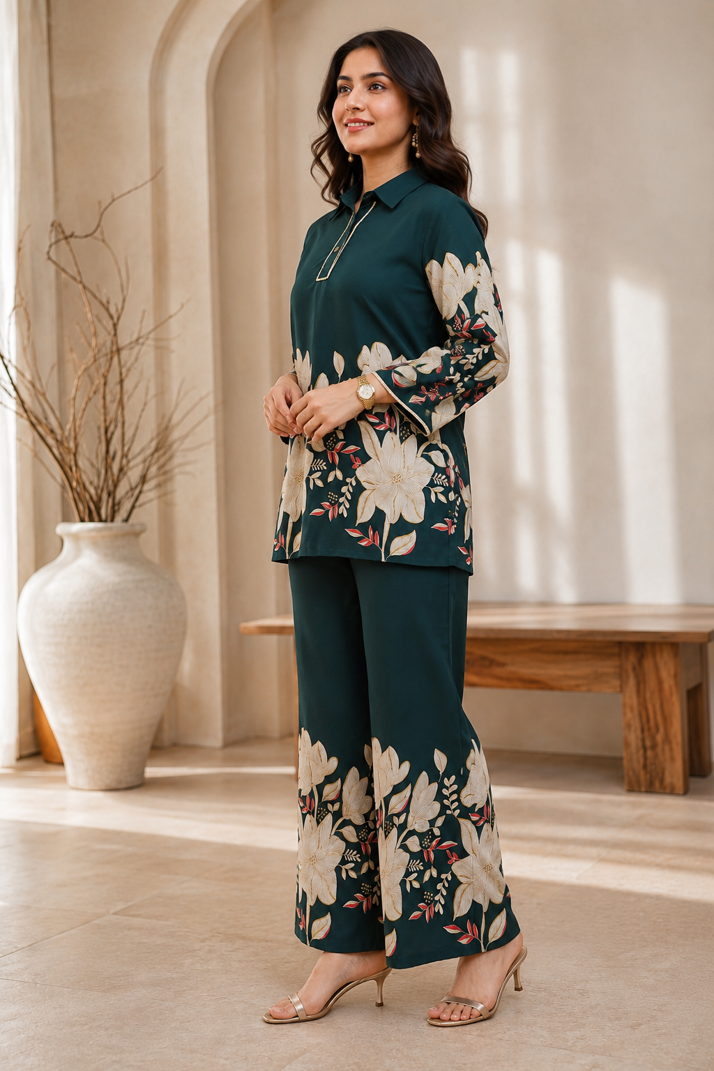 Dark Green Floral Chanderi Co-Ord Set for Women | Claura