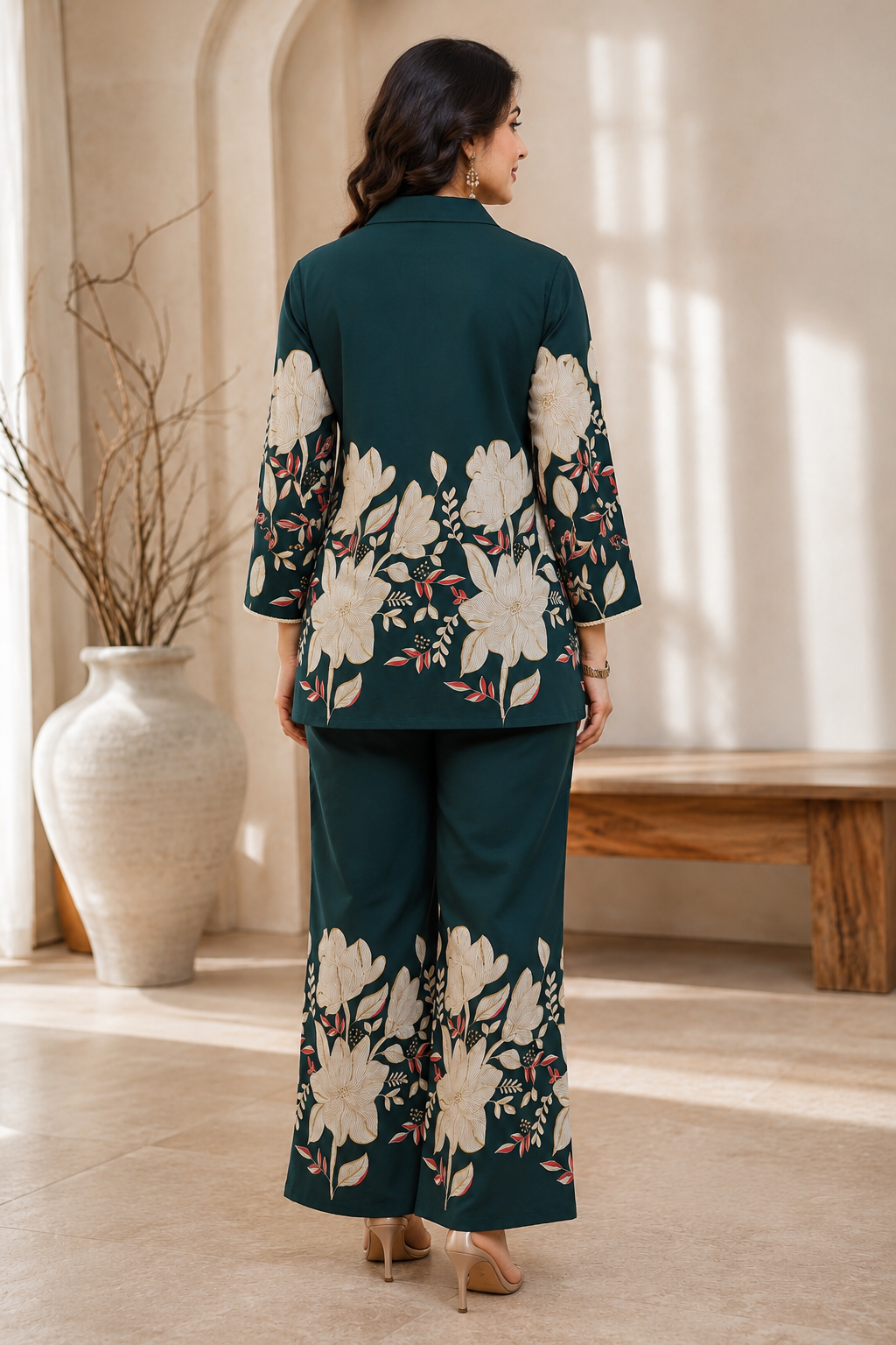 Dark Green Floral Chanderi Co-Ord Set for Women | Claura