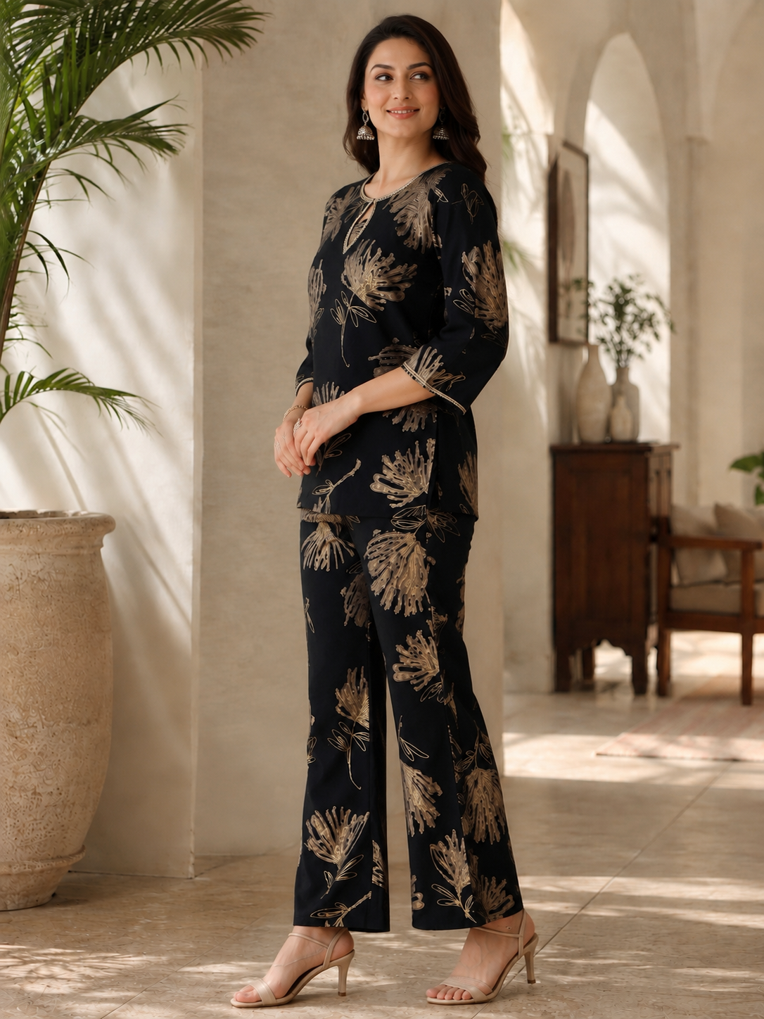 Black Floral Printed Chanderi Silk Co-Ord Set for Women
