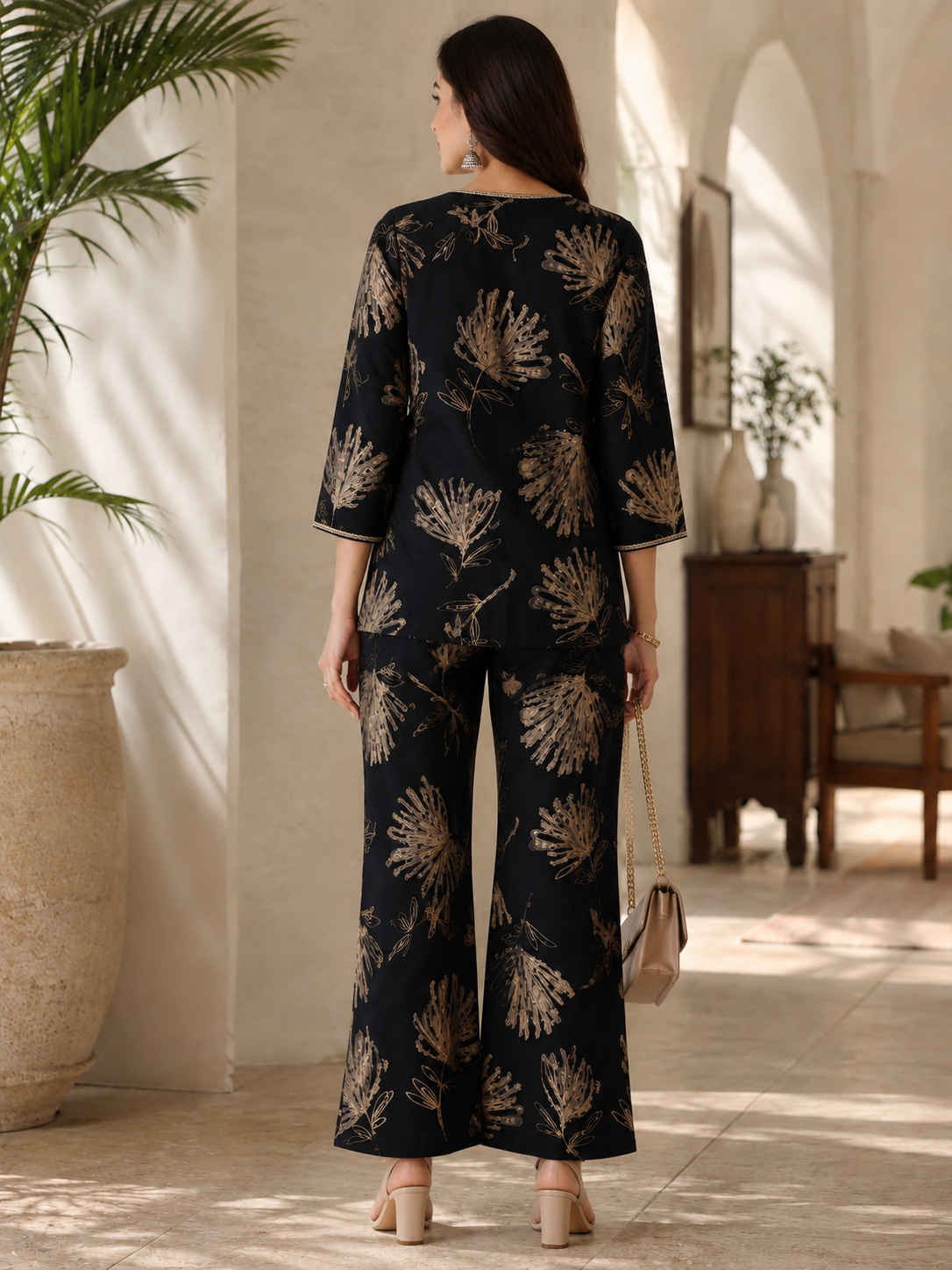 Black Floral Printed Chanderi Silk Co-Ord Set for Women