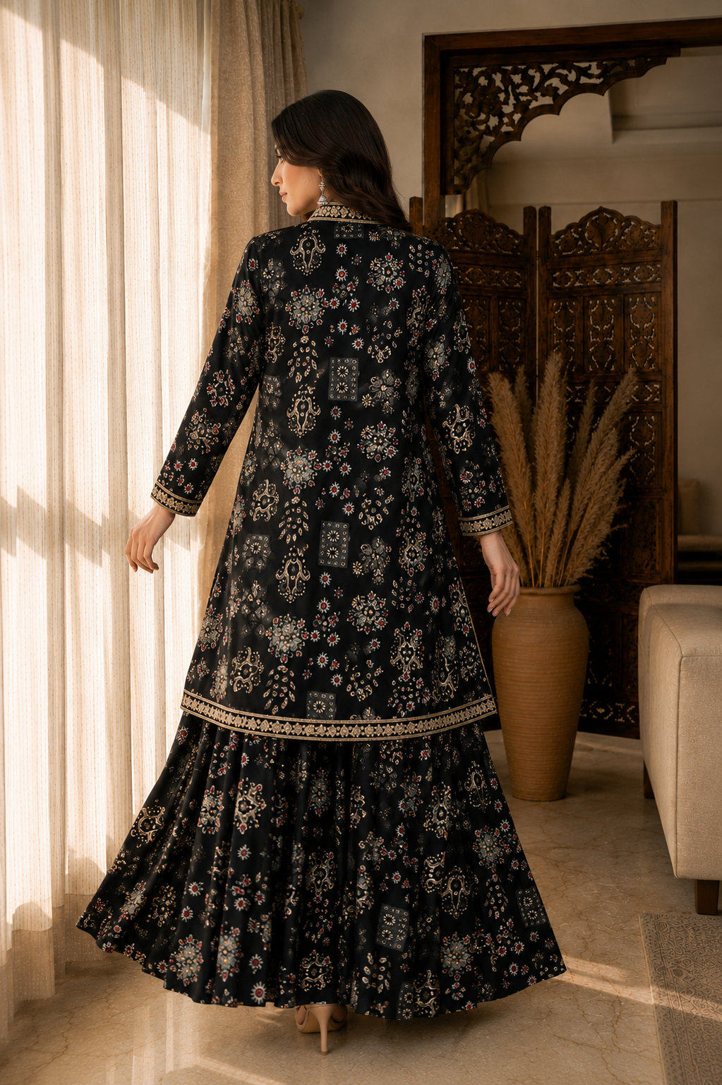 Black Ethnic Printed 3-Piece Chanderi Silk Co-Ord Set for Women | Claura