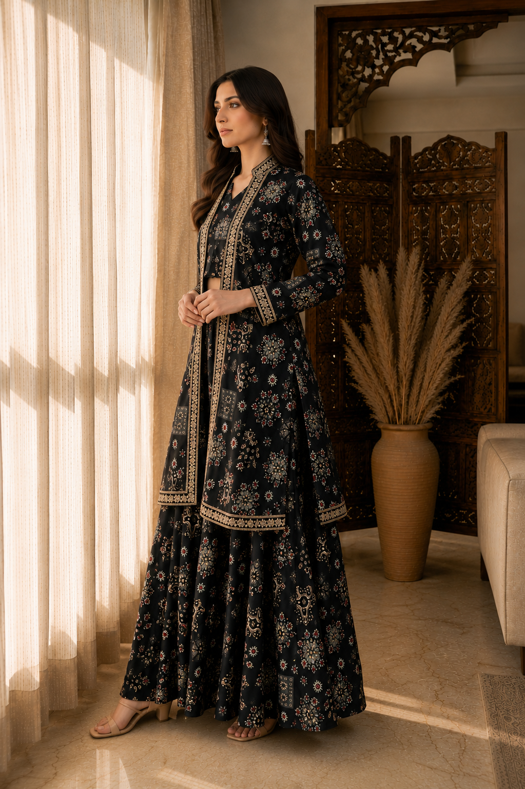 Black Ethnic Printed 3-Piece Chanderi Silk Co-Ord Set for Women | Claura