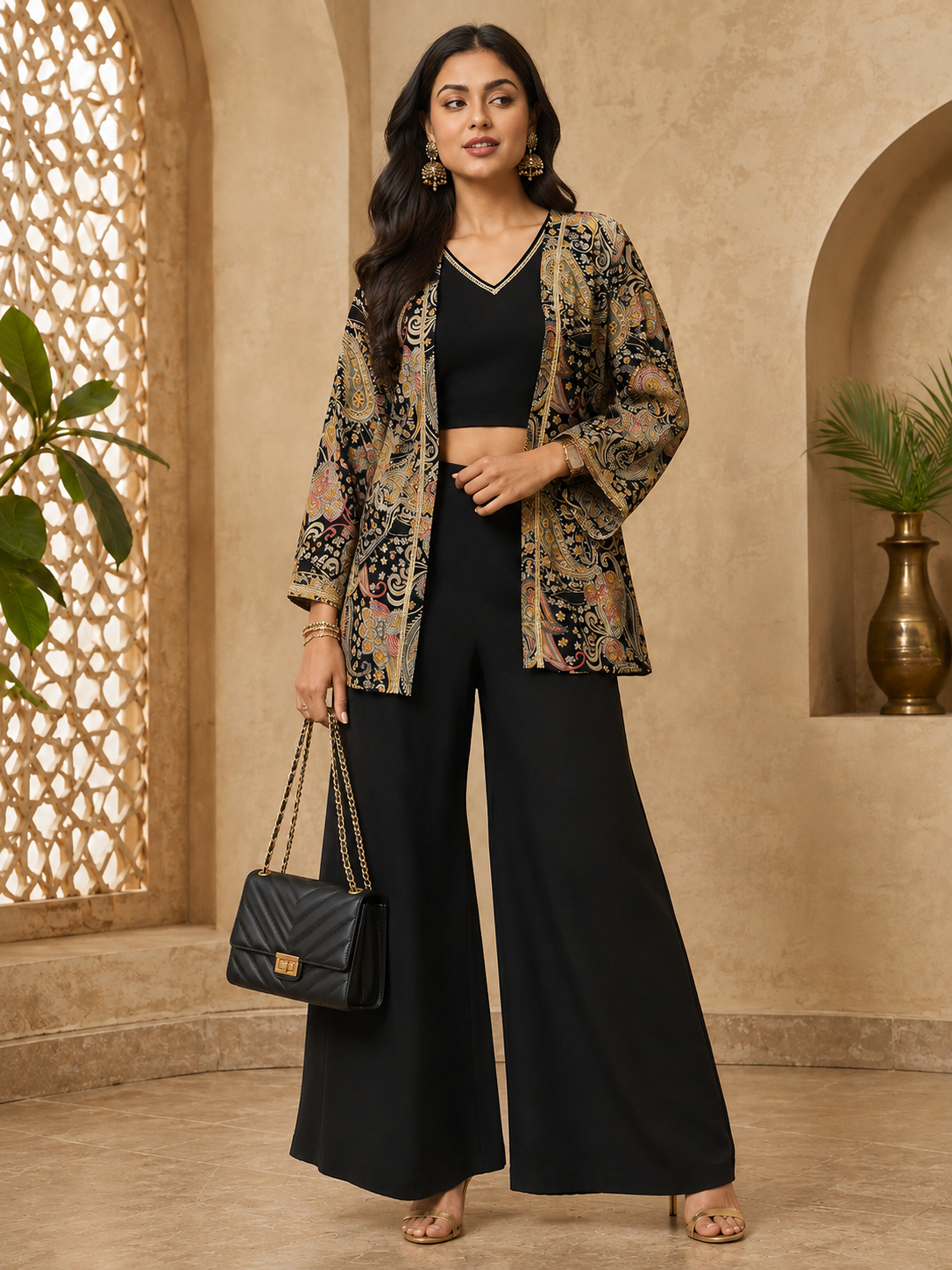 Black Ethnic Chanderi Silk Co-Ord Set for Women With Jacket