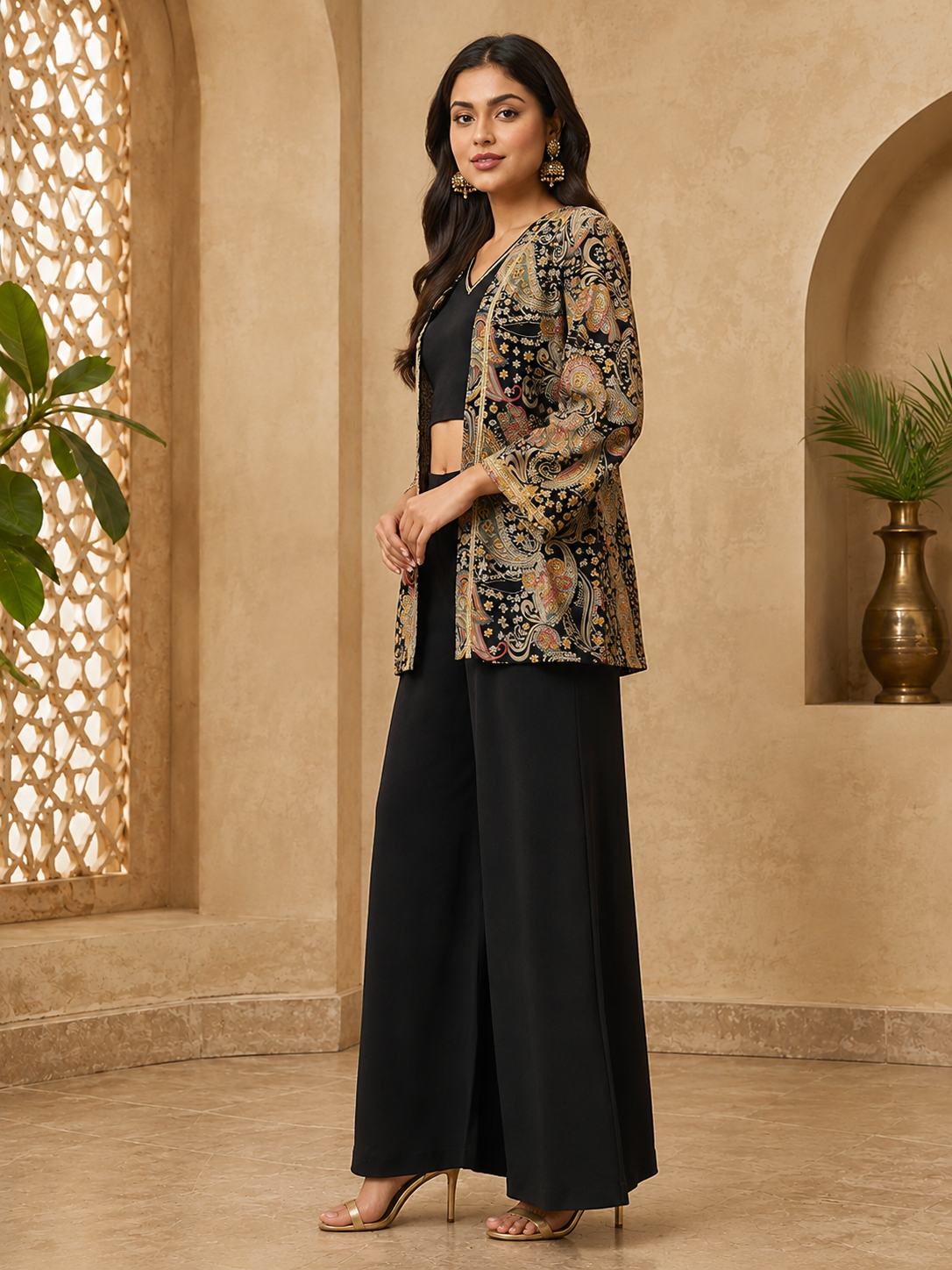 Black Ethnic Chanderi Silk Co-Ord Set for Women With Jacket