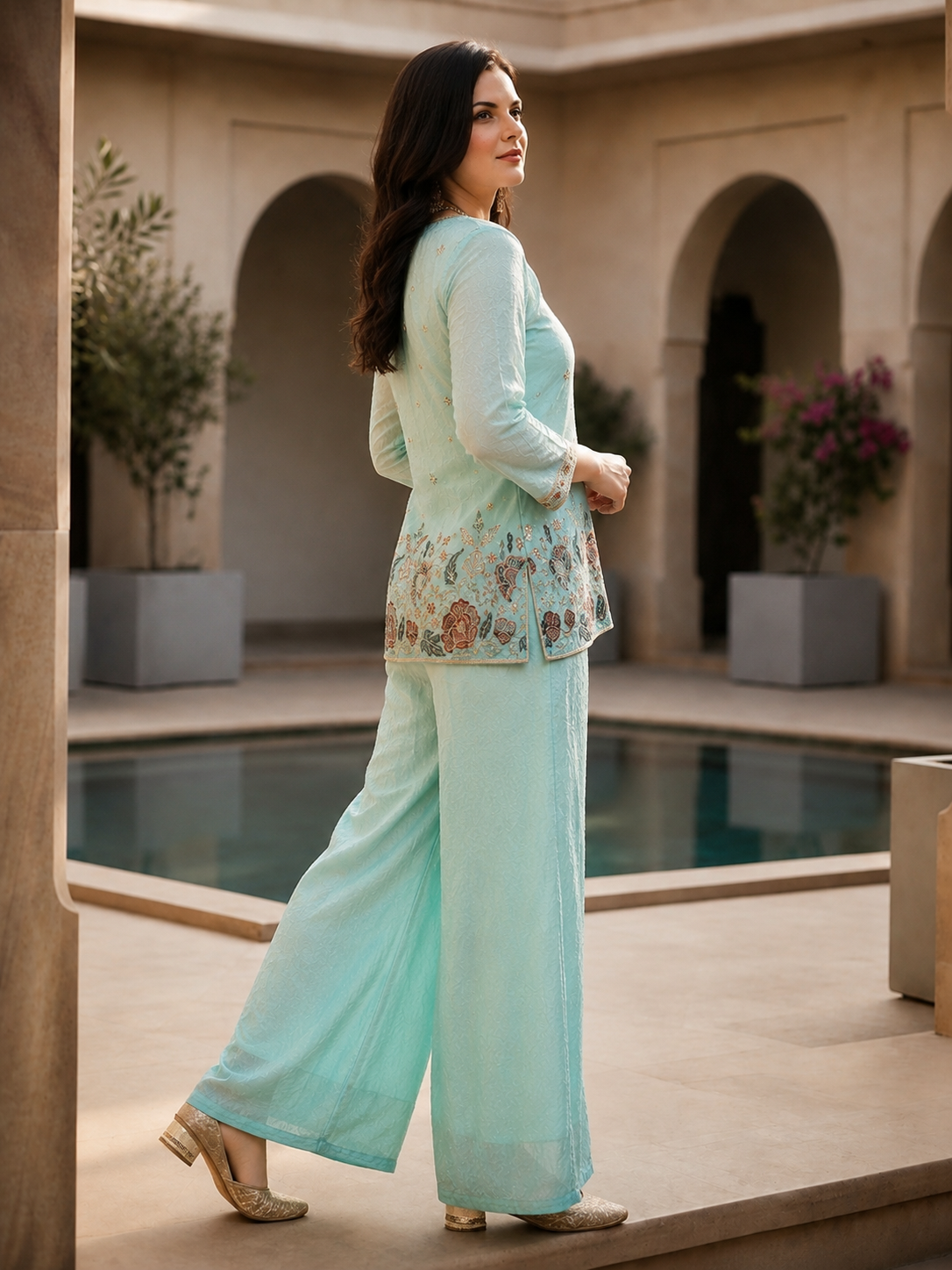 Pastel Blue Embroidered Tunic with Flowy Palazzo Set | Claura
