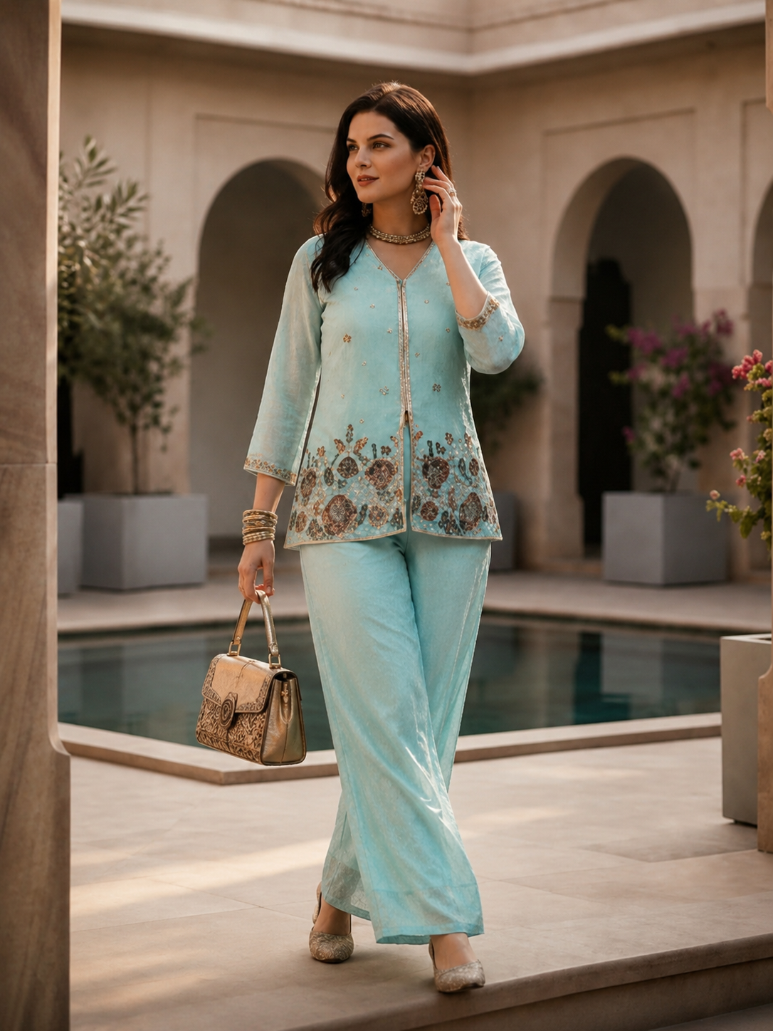 Pastel Blue Embroidered Tunic with Flowy Palazzo Set | Claura