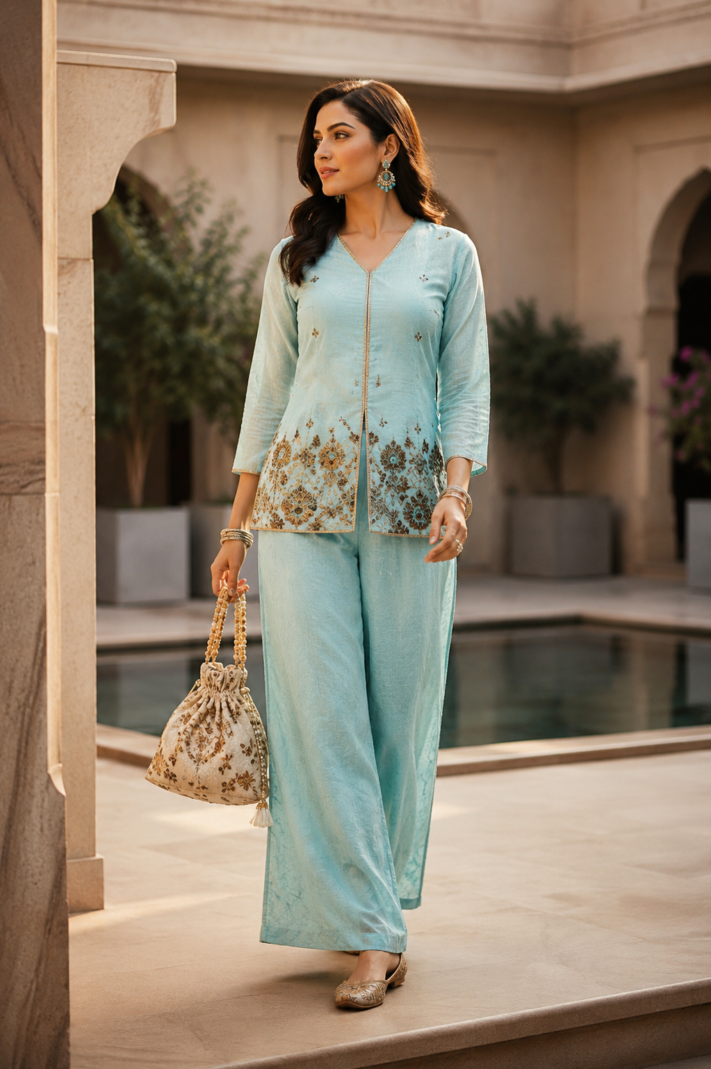 Pastel Blue Embroidered Tunic with Flowy Palazzo Set | Claura
