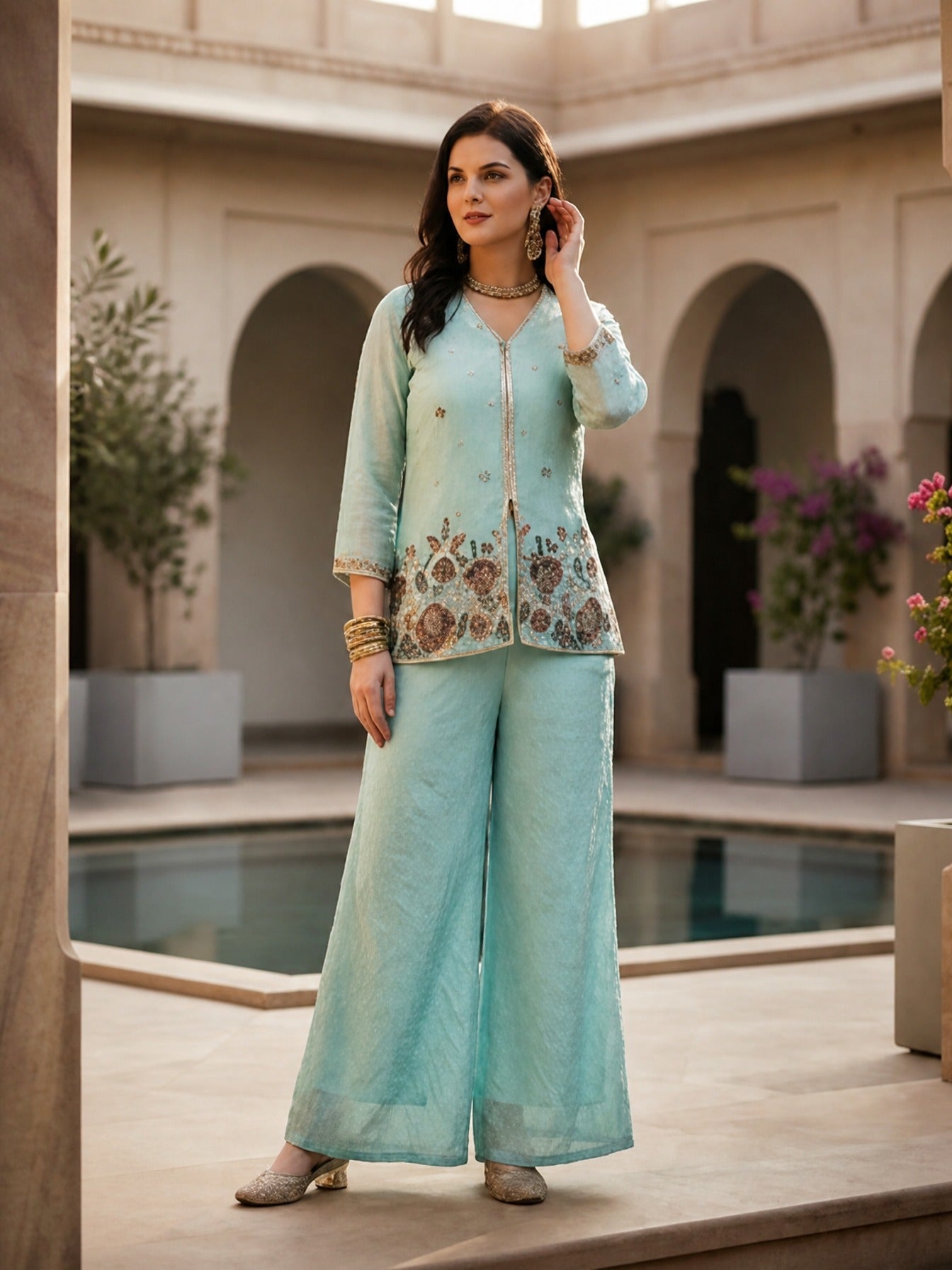 Pastel Blue Embroidered Tunic with Flowy Palazzo Set | Claura