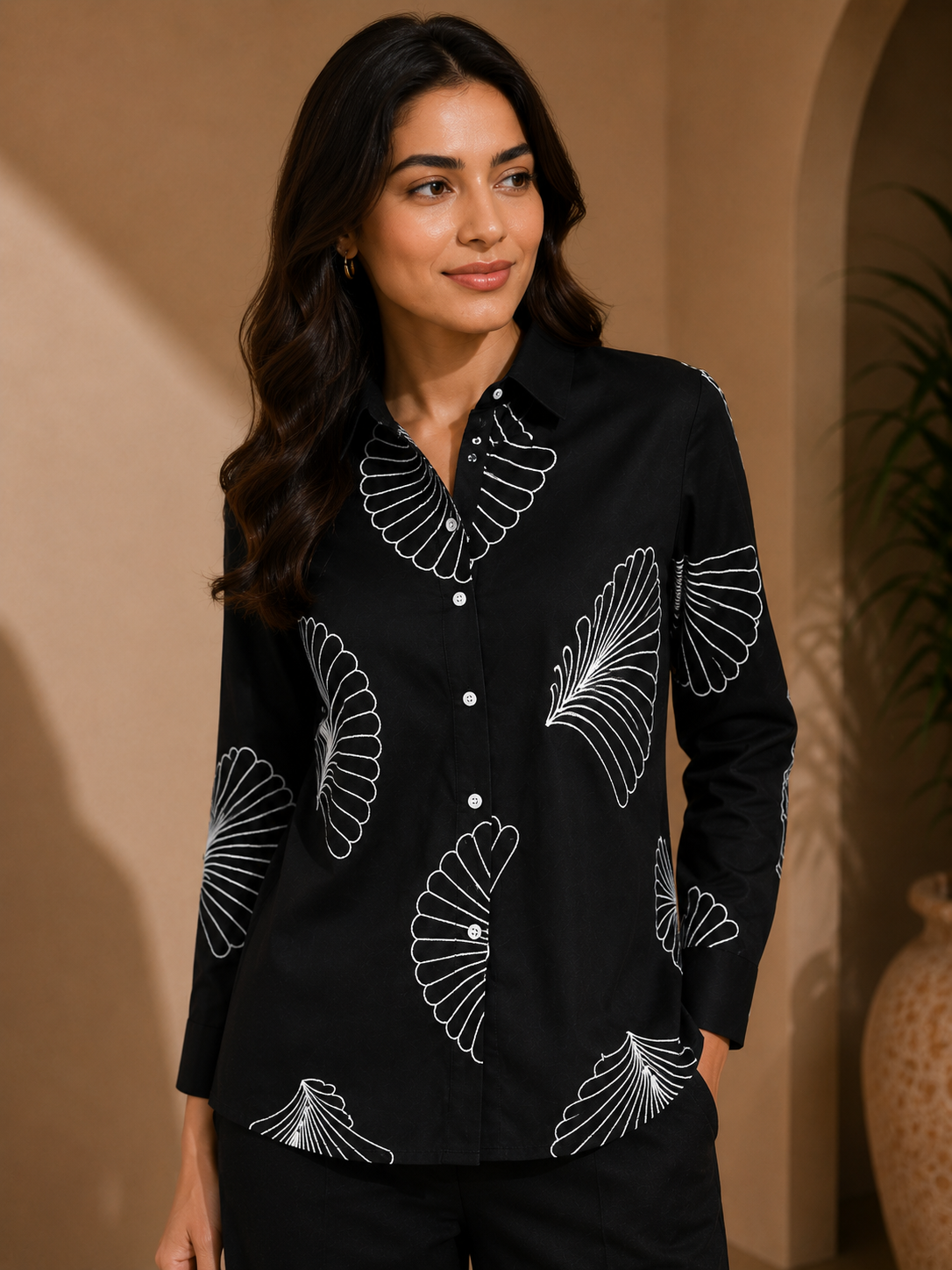 Woman styling Black Embroidered co-ord set, lifestyle look, shirt and pants