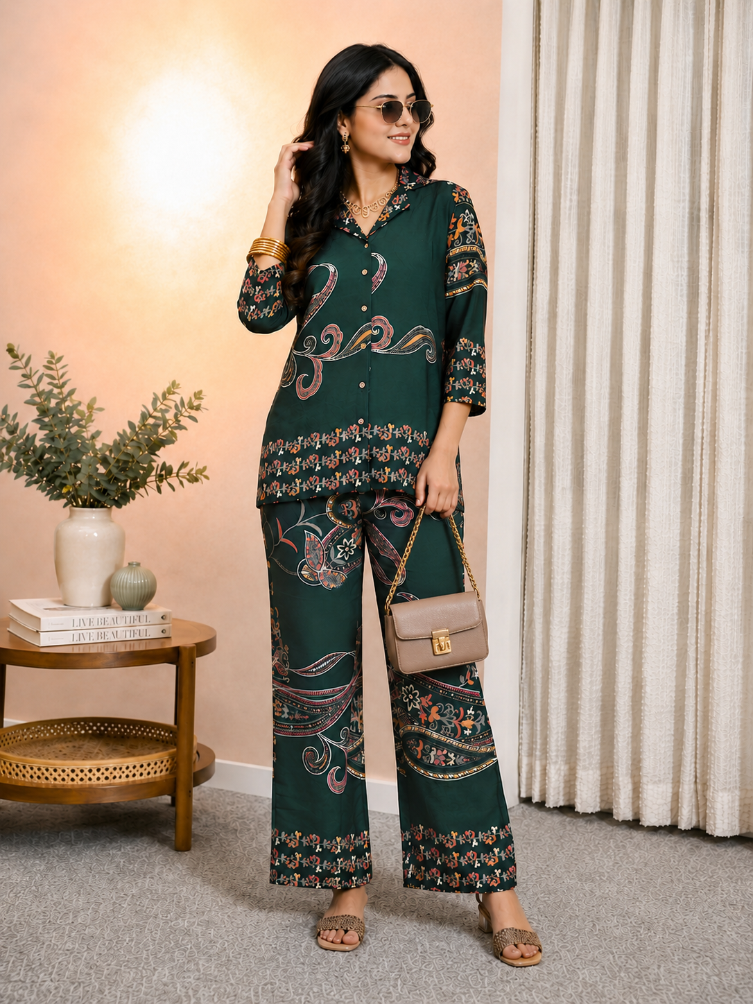 Green Abstract Printed Chanderi Silk Casual Co-ord Set for Women