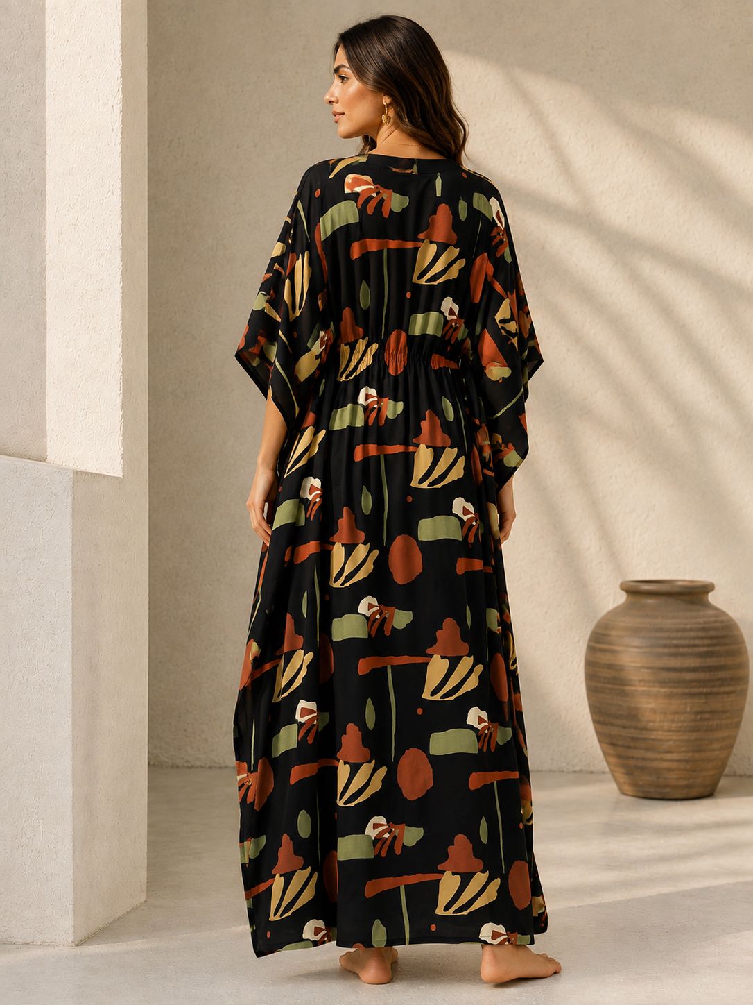 Black Boho Abstract Print Kaftan Maxi Dress with V-Neck | Claura
