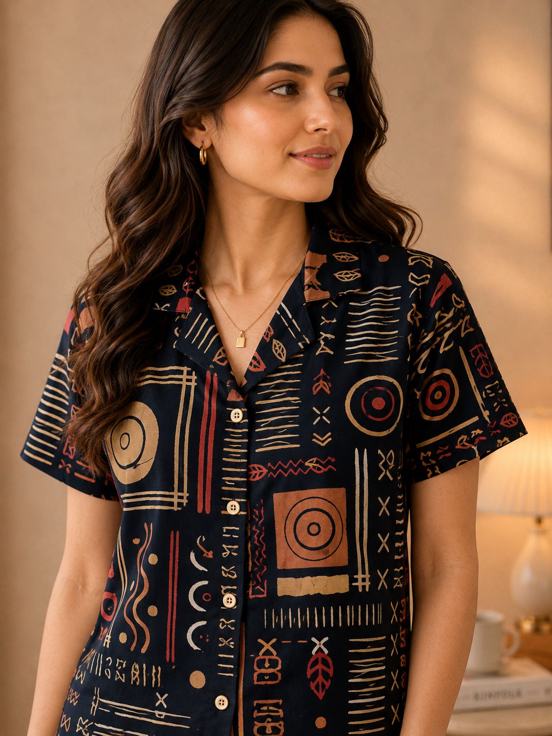 Black Abstract Art Printed Luxe Rayon Night Suit for Women | Claura