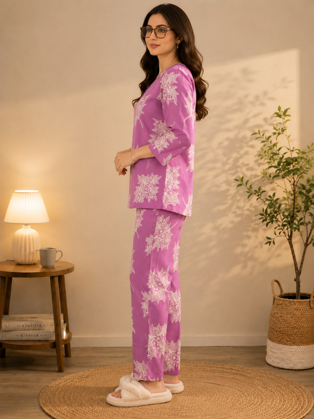 Pink Floral Printed Pure Rayon V-Neck Night Suit for Women | Claura