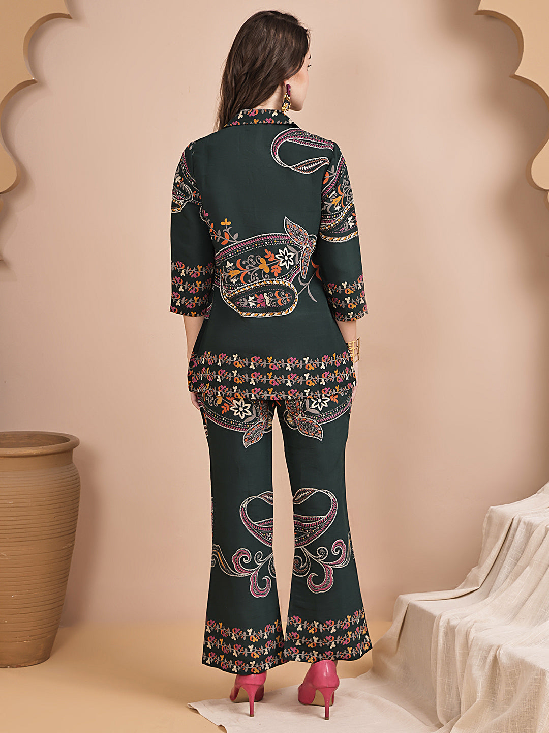 Green Abstract Printed Chanderi Silk Co-Ord Set for Women | Claura