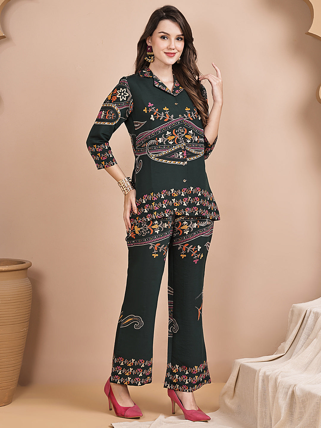 Green Abstract Printed Chanderi Silk Co-Ord Set for Women | Claura
