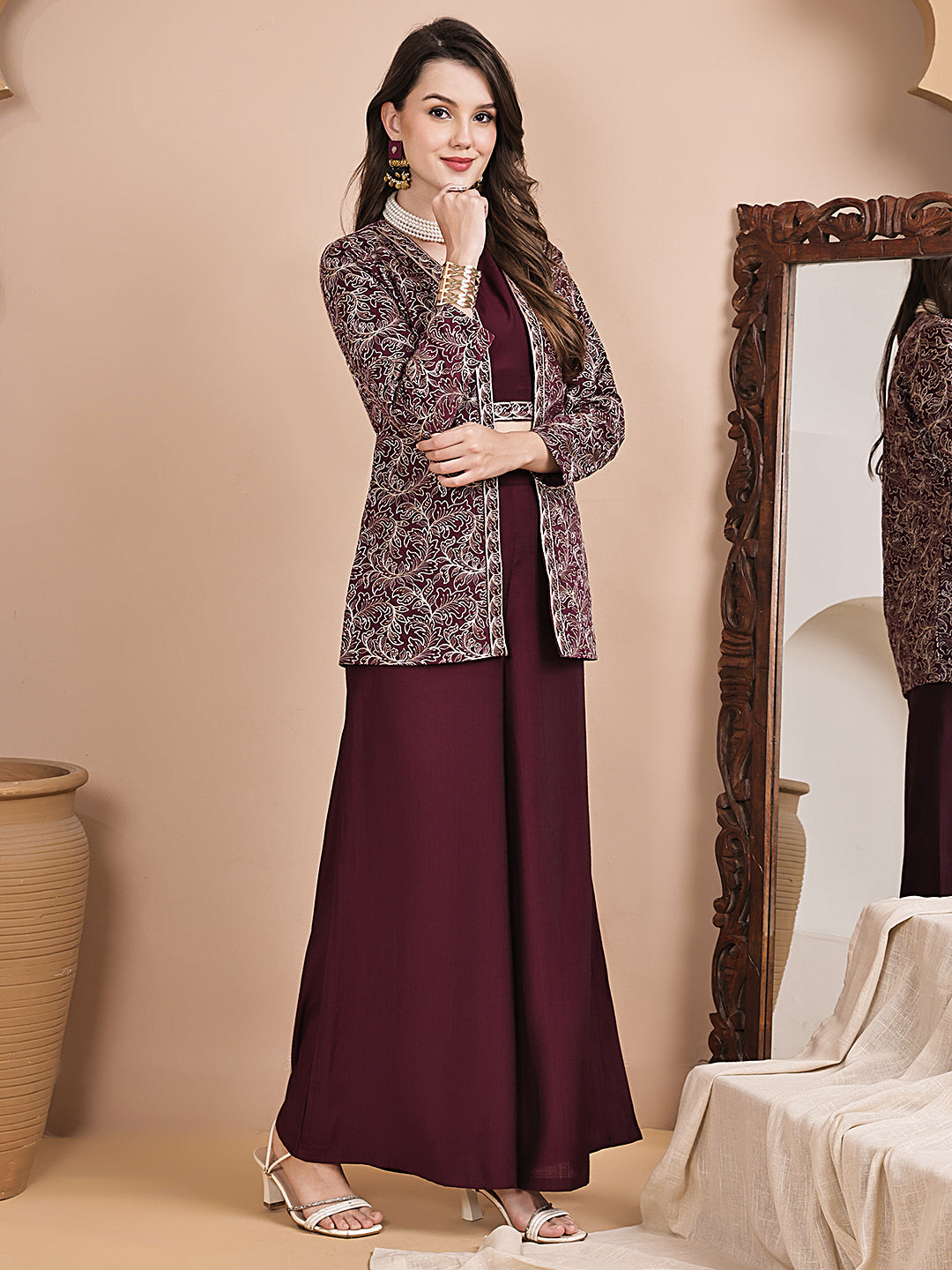 Wine Co-Ord Set with pants & short sleeve top