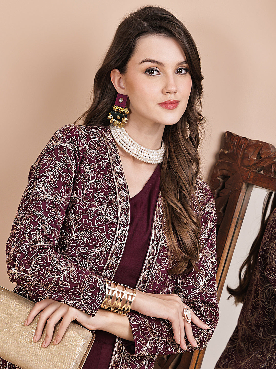 Close-up of Chanderi silk fabric on wine Co-Ord Set