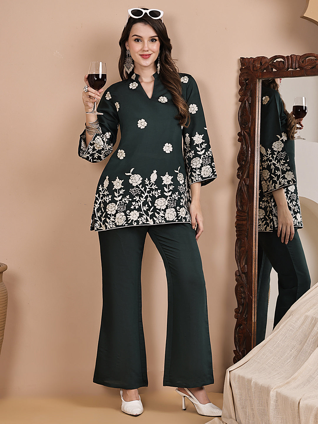 Lifestyle shot of Floral Printed Chanderi Co-Ord Set