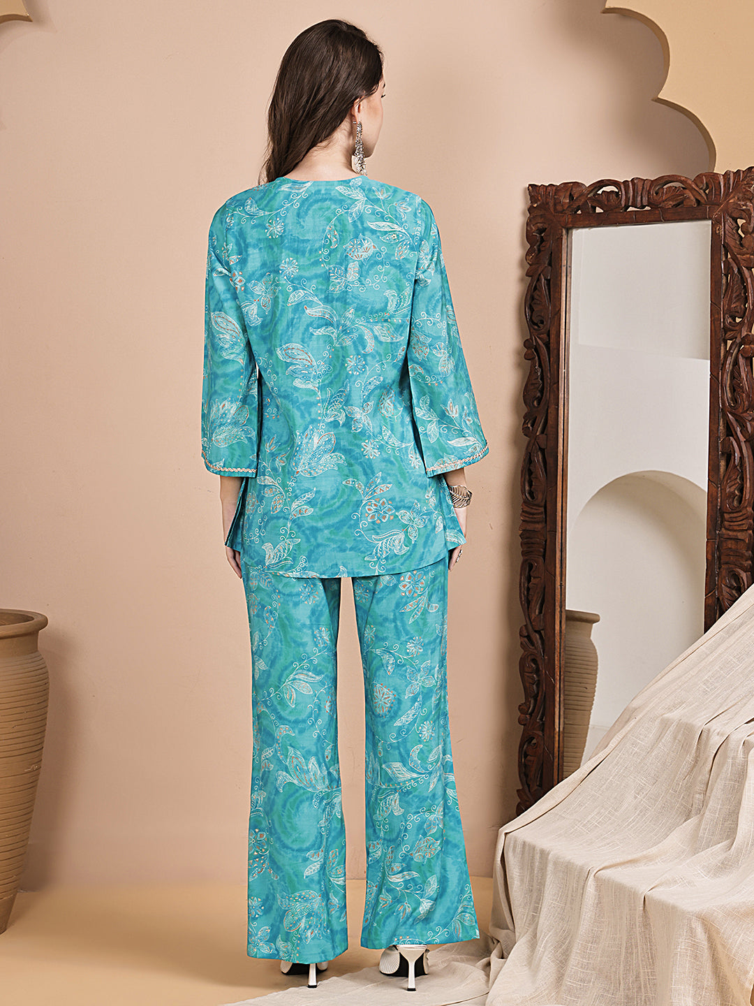 Back view of model wearing blue floral co-ord outfit