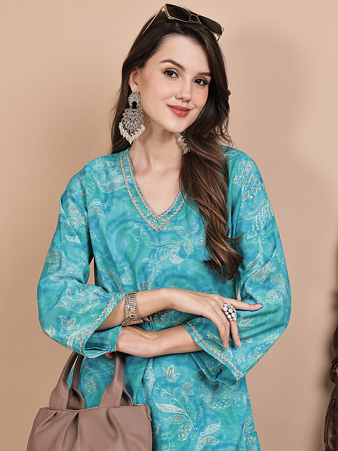 Blue Floral Printed Chanderi Silk Co-Ord Set for Women | Claura