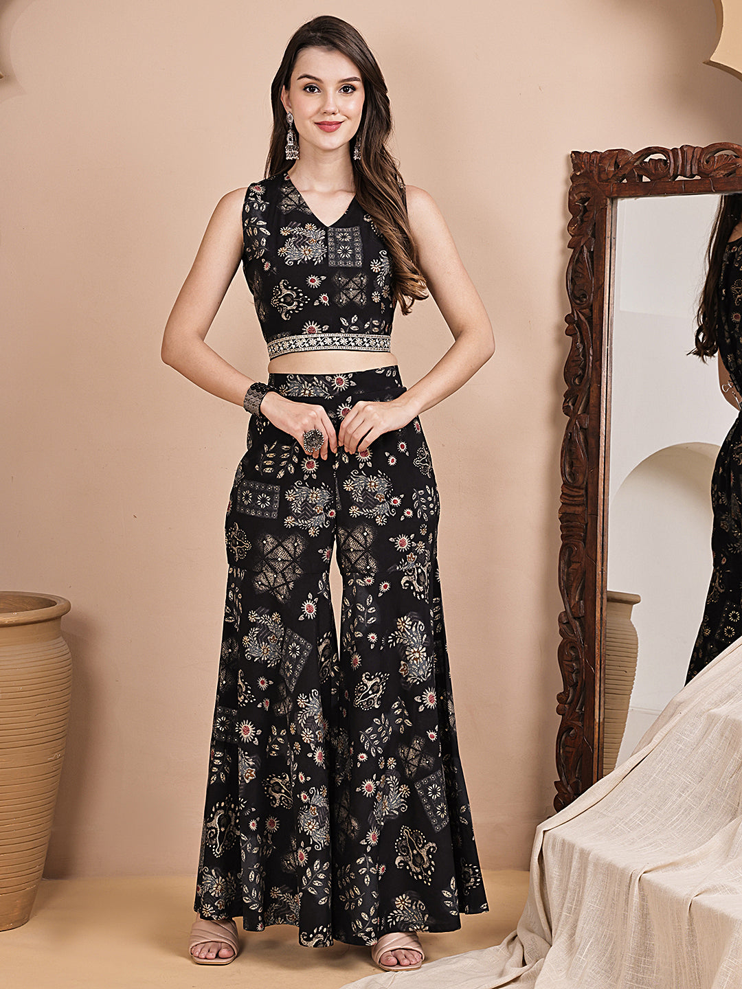 Lifestyle shot of black ethnic Chanderi silk co-ord set