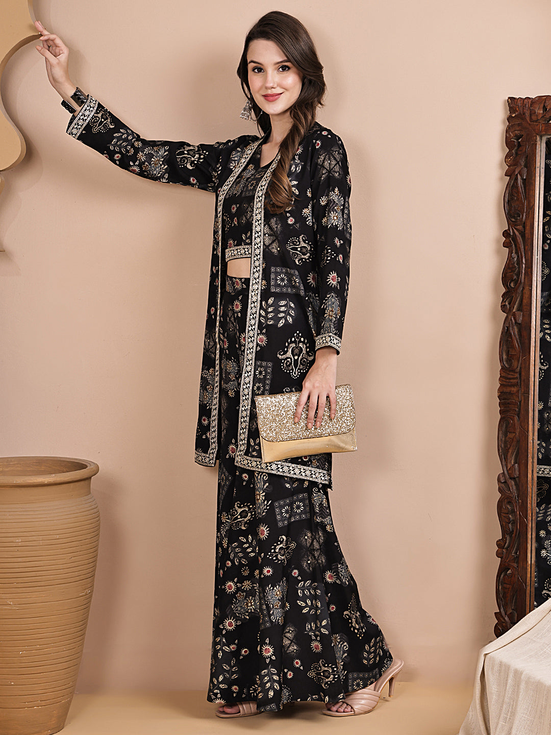 Black co-ord set with printed kurta and matching bottoms