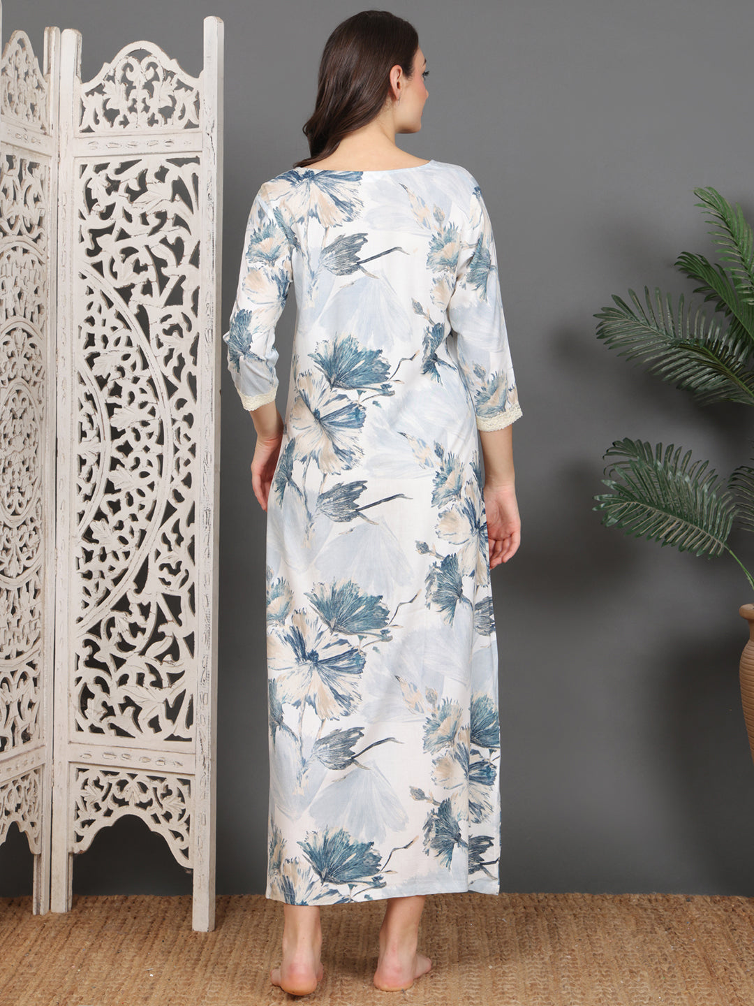 Blue Floral Printed Viscose Rayon Nighty For Women | Claura