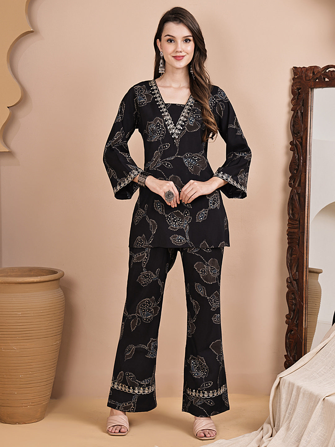 Black Abstract Printed Chanderi Silk Embroidered Co-Ord Set for Women | Claura