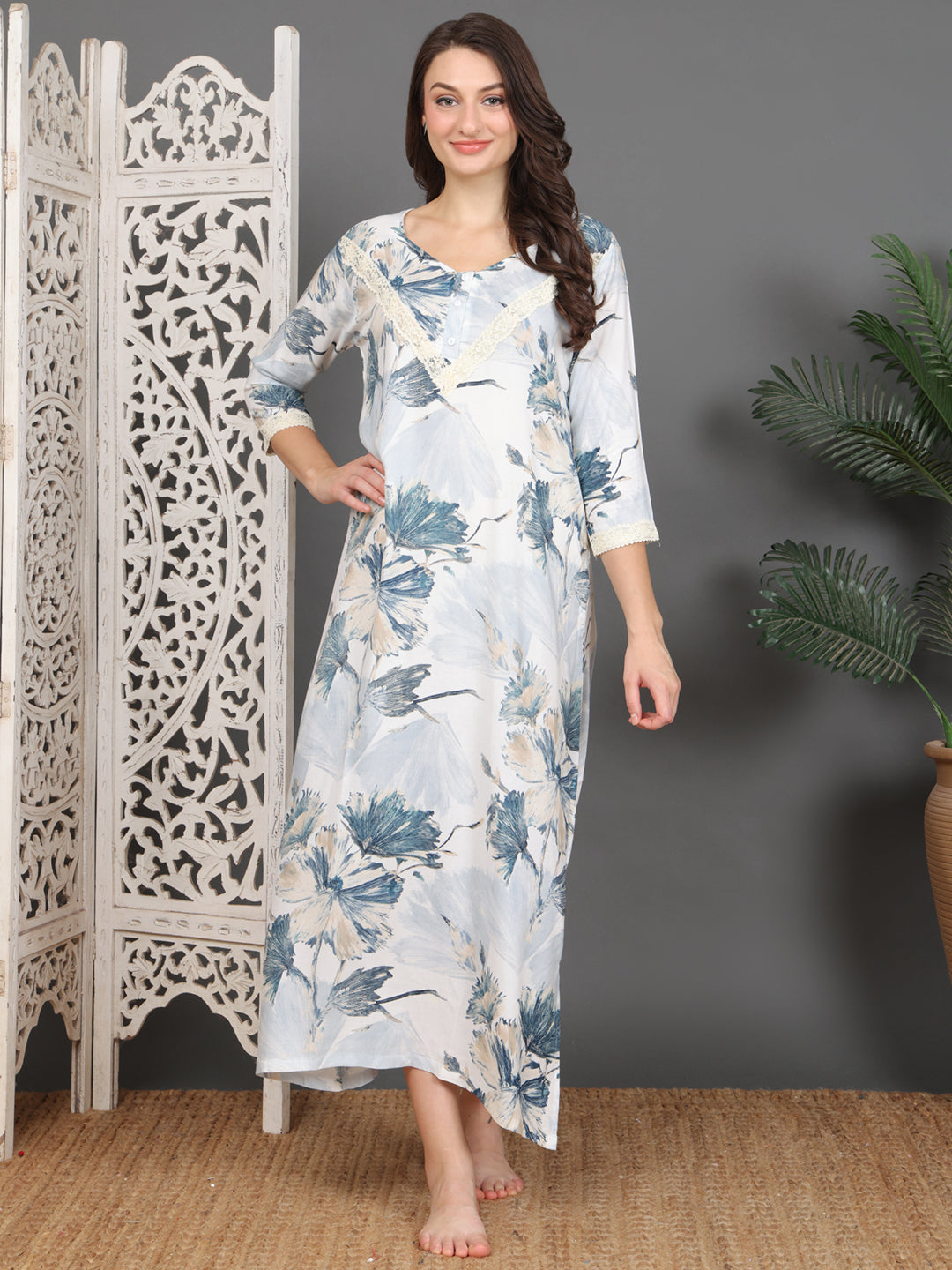 Blue Rayon Viscose Floral Dress | Claura