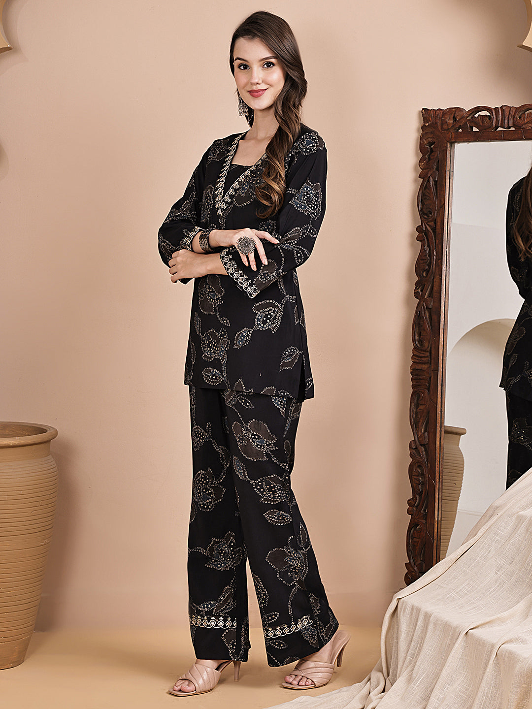 Black Abstract Printed Chanderi Silk Embroidered Co-Ord Set for Women | Claura