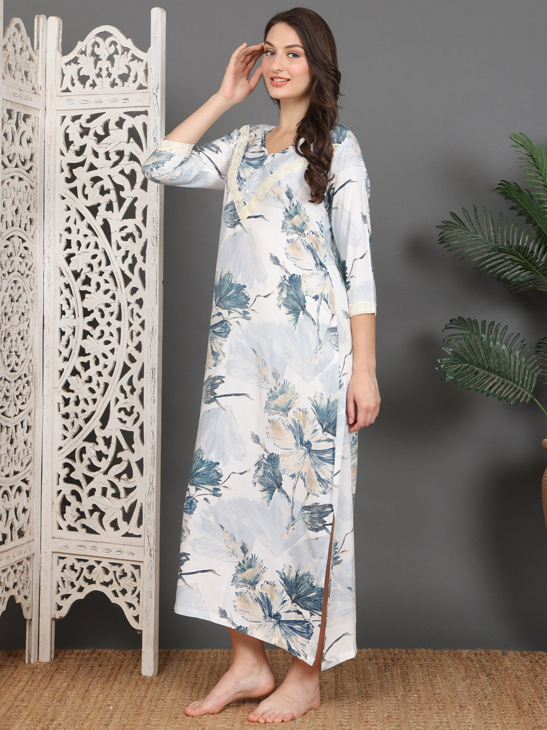 Blue Floral Printed Viscose Rayon Nighty For Women | Claura