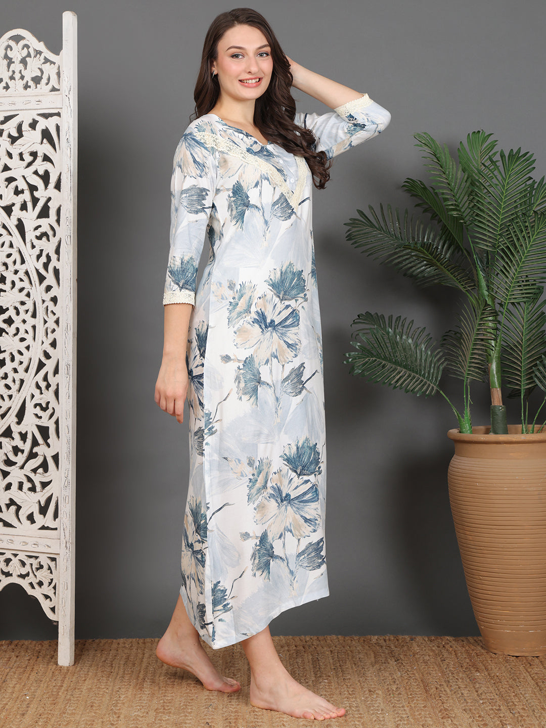Blue Floral Printed Viscose Rayon Nighty For Women | Claura