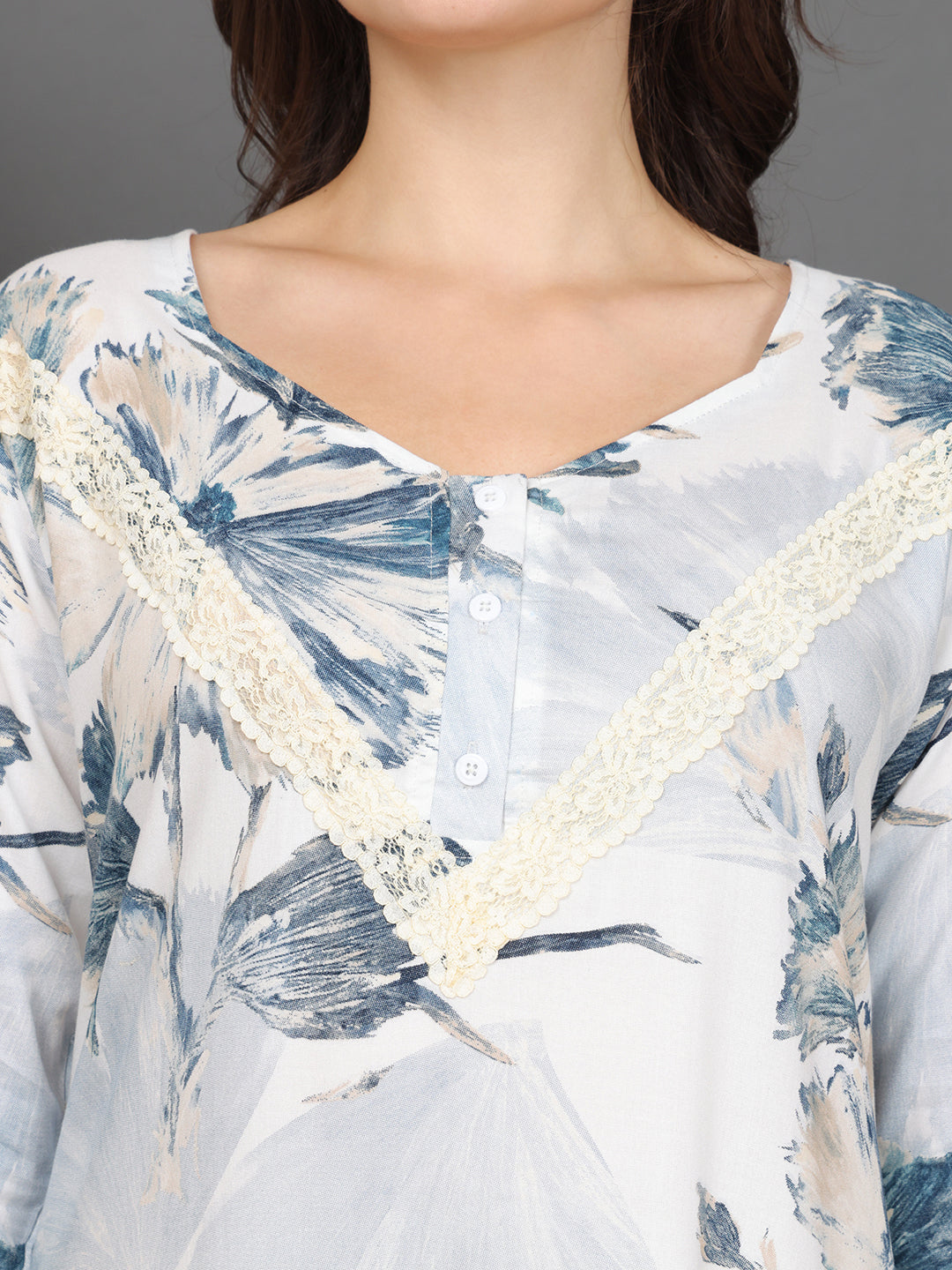 Blue Floral Printed Viscose Rayon Nighty For Women | Claura