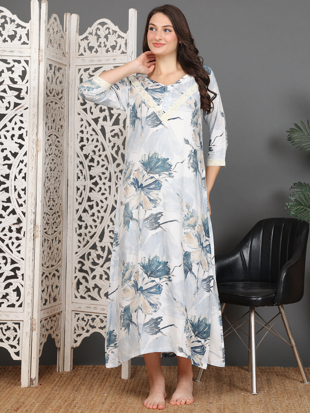 Blue Rayon Viscose Floral Dress | Claura