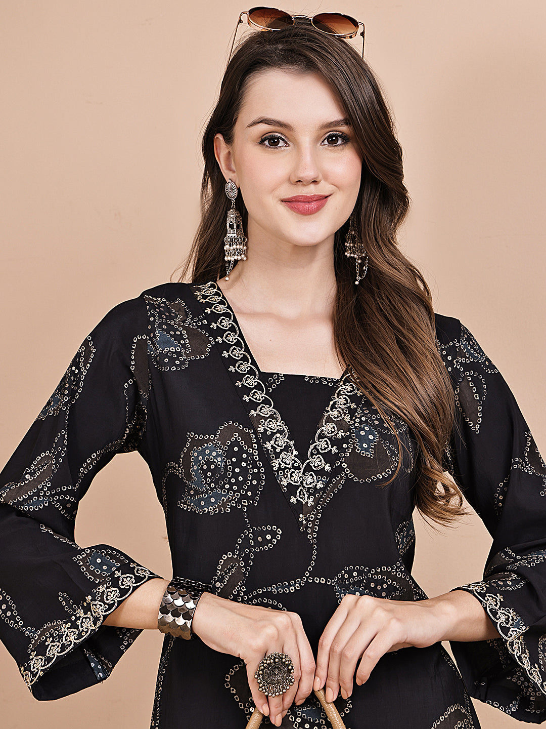 Black Abstract Printed Chanderi Silk Embroidered Co-Ord Set for Women | Claura
