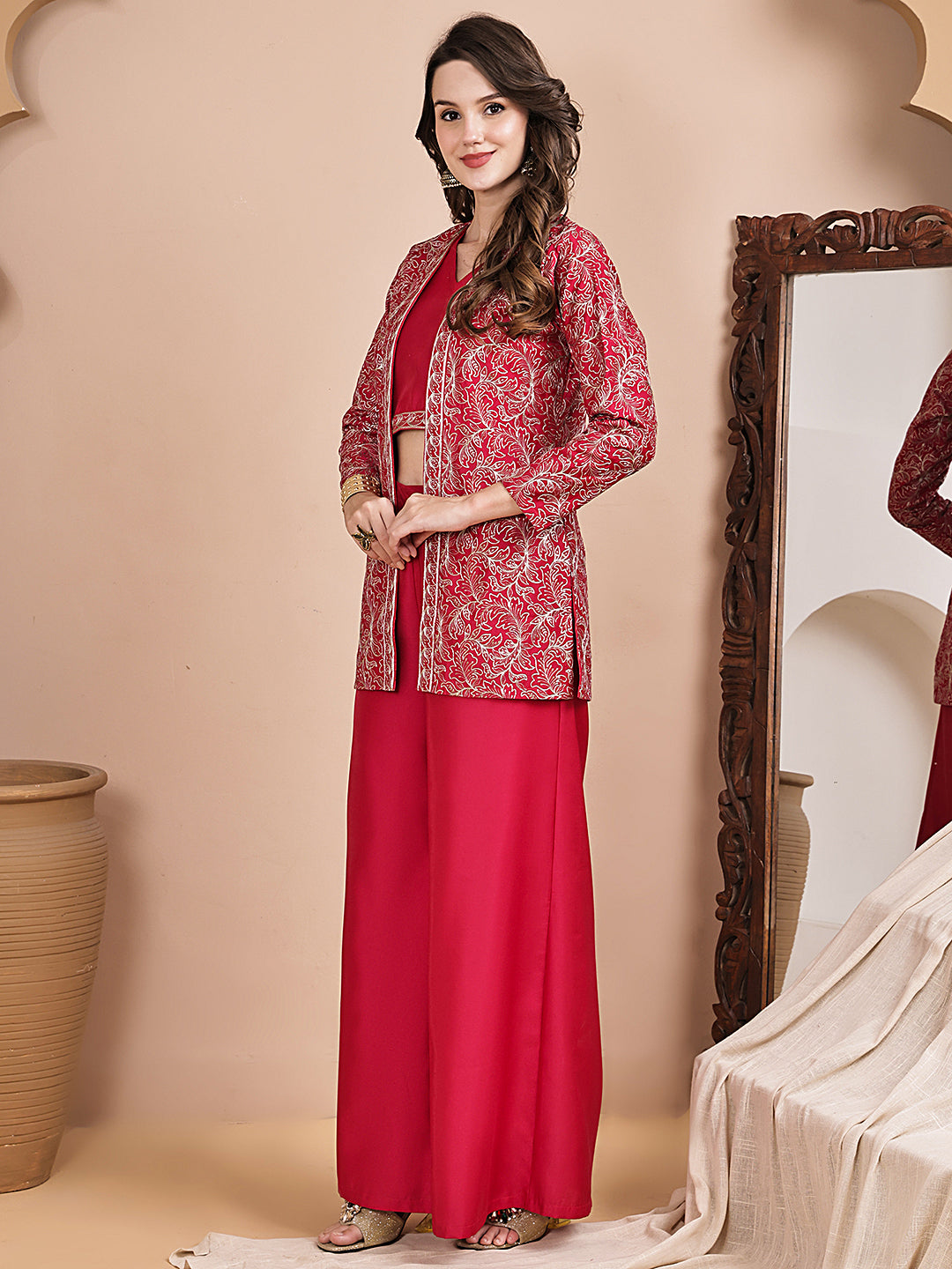 Pink printed co-ord set with embroidered long jacket