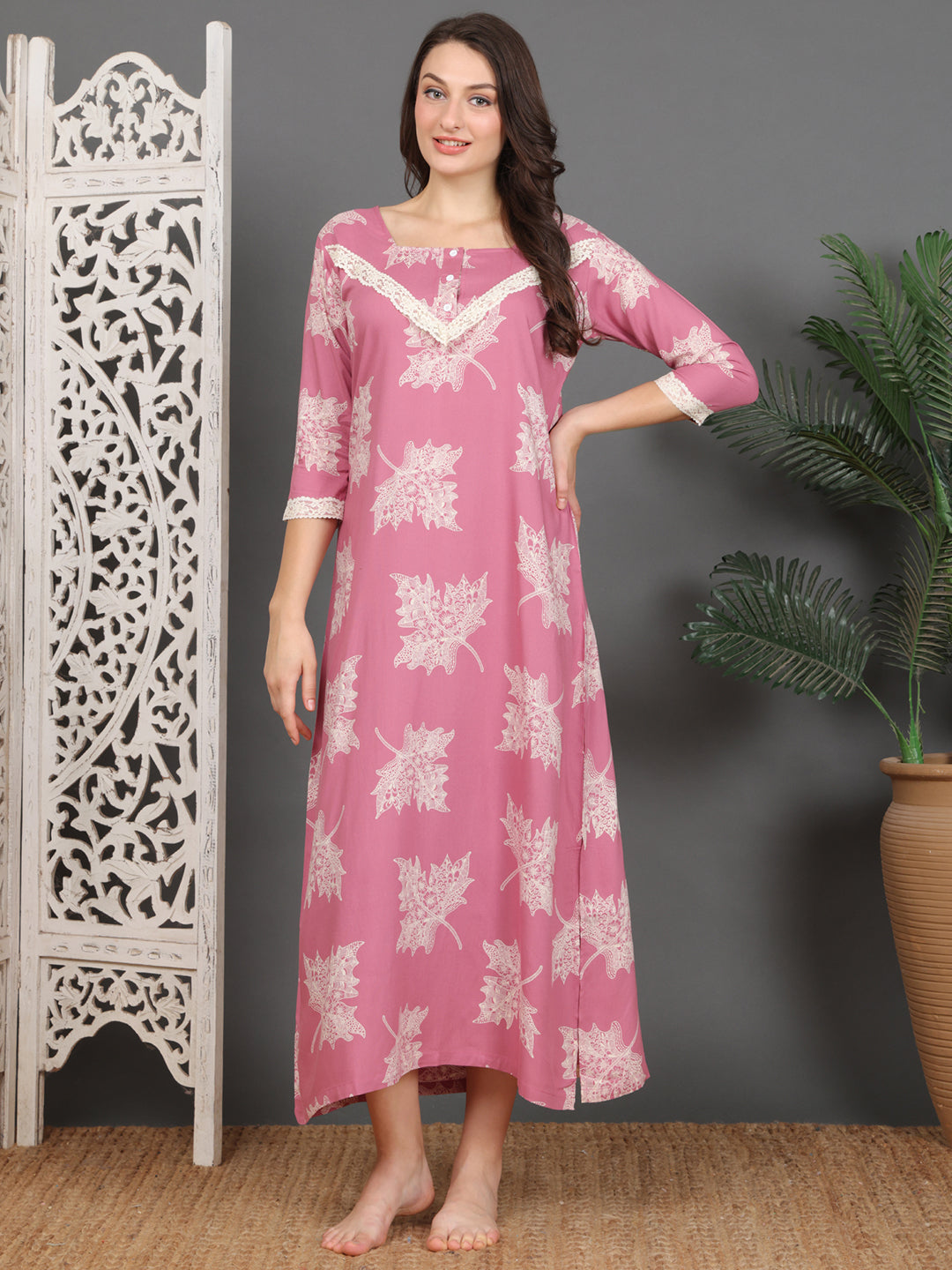 Pink Abstract Printed Viscose Rayon Nighty For Women | Claura